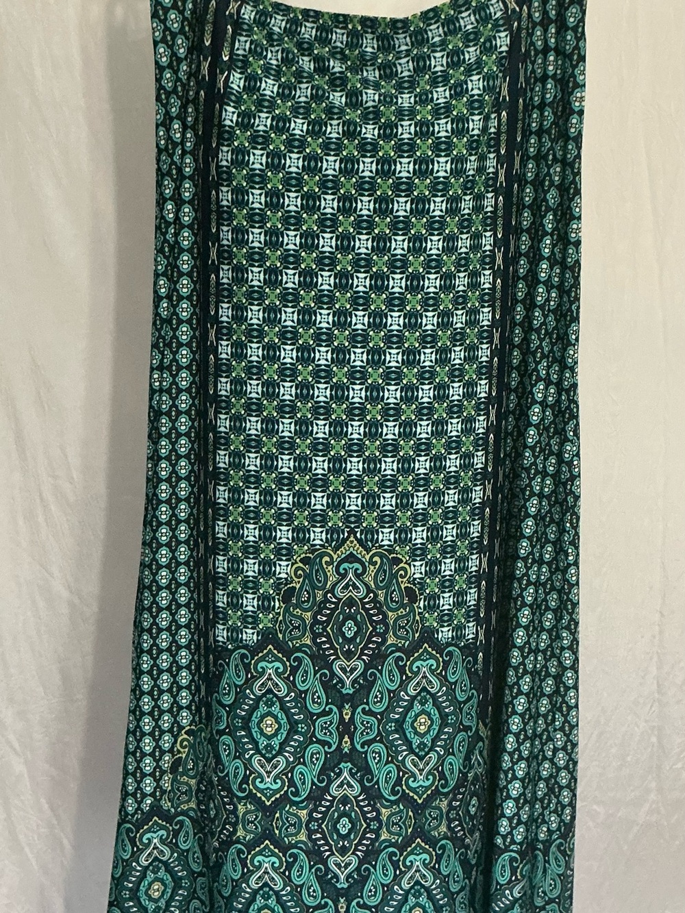 Southern Lady Green Teal Patterned Maxi Skirt